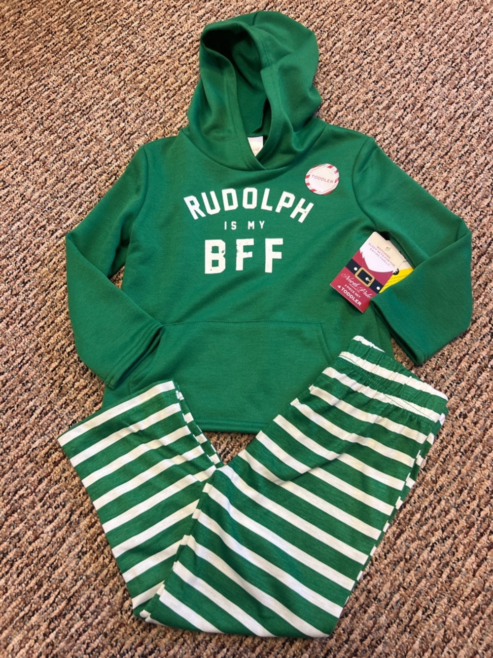 Kids Green 'Rudolph Is My BFF' Hoodie & Stripe Pants Matching Set